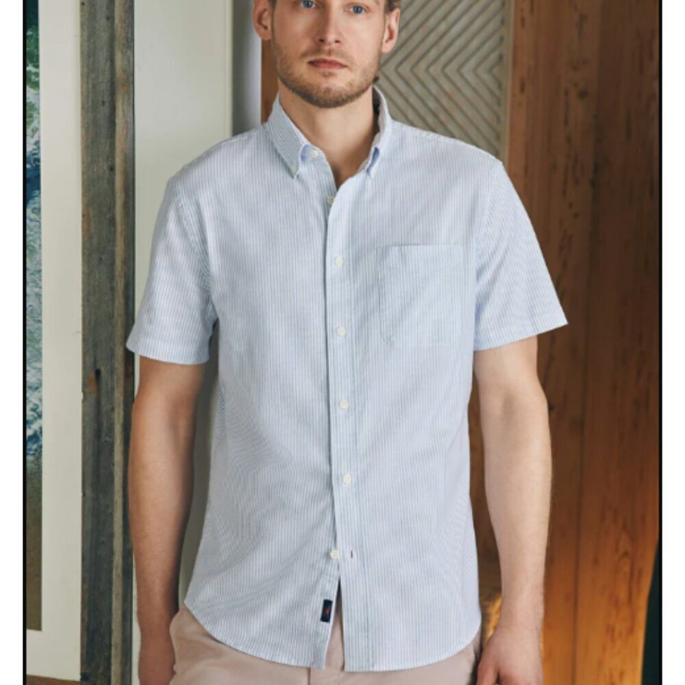 Faherty Short-Sleeve Supima Oxford Shirt Blue White Classic Stripe 26509